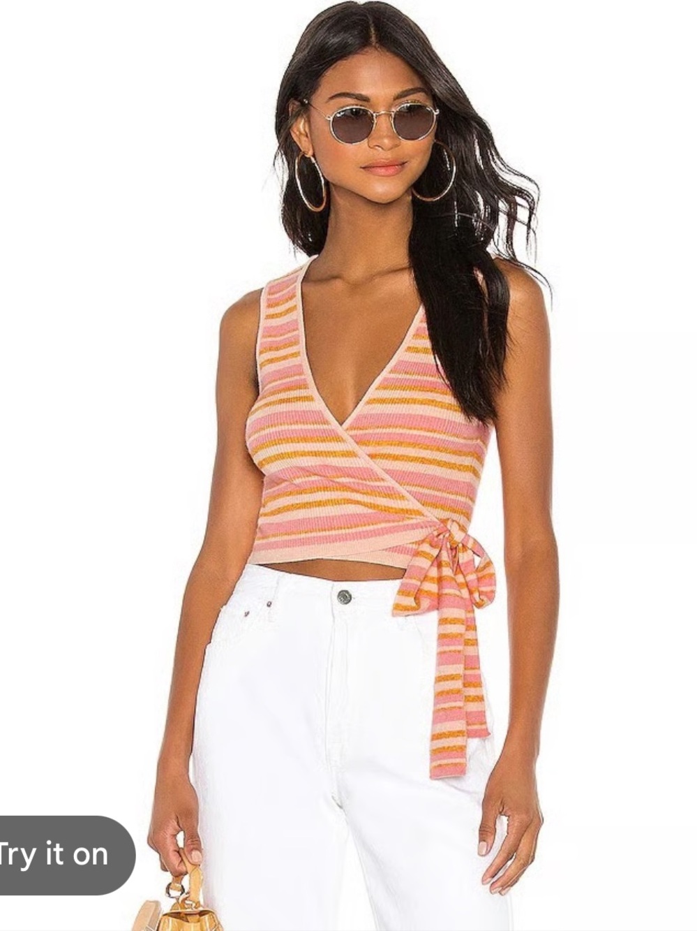 L'Academie Gina Draped Ribbed Striped Pink and Lemon Wrap Crop Tank S